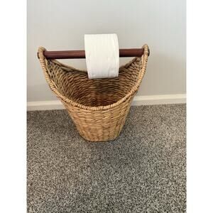 Toilet Paper Storage Basket w/ Roll Holder, Natural - Wicker Bathroom Tissue Bin